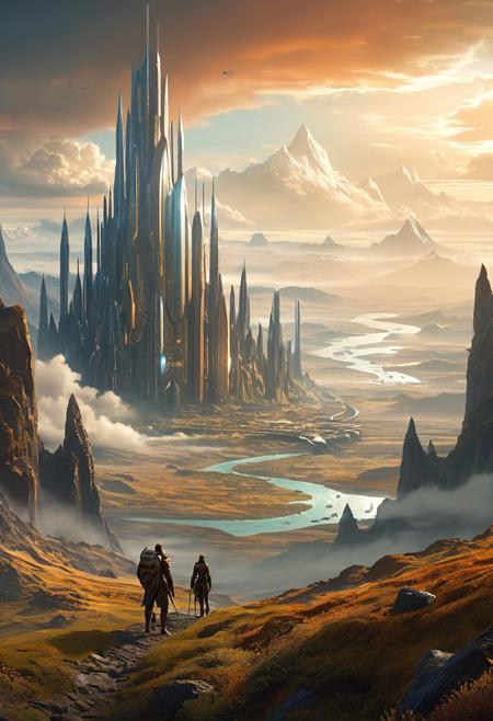 cinematic digital art, majestic landscapes, vast environments, colossal creatures, futuristic cities, explorers and adventurers, atmospheric highlights, rich earthy tones, imaginative worldbuilding, fantasy and sci-fi fusion, detailed concept art, epic vision, emotional depth, sweeping compositions