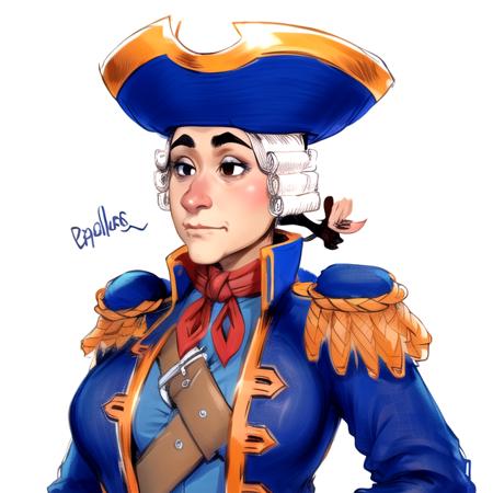 cptsmollet1, 1gil, breasts, solo, highres, (big nose:0.5), uniform, meme, wig, simple background, white background, hat, blue jacket, epaulettes, 
<lora:cptsmollet1:1>,, (masterpiece, best quality),