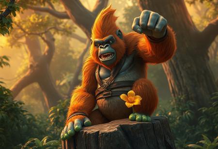Fiery Gorilla, Brotherhood of the Fist, verdant forest. Orange fur, brown belt, yellow flower, green feet. Tree stump throne, dense foliage. Cinematic, Raphael style, splash ink illustration, dynamic action pose, octane render, Unreal Engine 5. Vivid emotions, joyful impact, golden ratio. Trending on Artstation, CGSociety. Beautiful detailed eyes, 4k, high-res, handcrafted precision, matte painting, grammer effect, isometric view, captivating lighting.