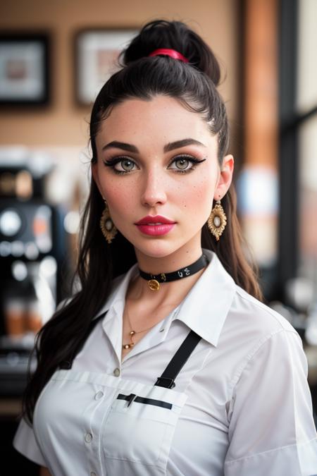 photo of gracecc:0.99, ((pale skin)), ((ponytail)), ((closeup, portrait):1.1), ((barista outfit, barista apron, collared dress shirt, choker):1.2), serious, ((detailed face, beautiful face, detailed eyes, beautiful eyes):1.3), ((best quality, masterpiece, extreme details, vivid colors):1.2), ((lipstick, eyeliner, eye shadow):1.2),((detailed eyes, detailed face):1.2), photo of the most beautiful artwork in the world, professional majestic (photography by Steve McCurry), 8k uhd, dslr, soft lighting, high quality, film grain, Fujifilm XT3 sharp focus, f 5.6, High Detail, Sharp focus, dramatic