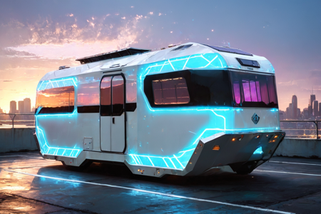 bioluminescent, a futuristic camper with expandable roof, solar panels, solo, holographic windshield, displaying data, futuristic bridge, glowing supports, city below, detailed background, parked in a hangar, doors open, lights glowing, portrait focus, close-up shot, a digital billboard, displaying ads, in the background, best quality, rich colors, photorealistic style, high detail, high-definition, hyper-realistic, extremely high-resolution details, fine texture, incredibly lifelike, realistic, not fantasy, not anime, not drawing, highres, 4K resolution, source photo, realistic photo, masterpiece, best quality, amazing quality, very aesthetic, ultra-detailed, detailed surfaces, natural metallic tones, soft lighting, glossy white, polished finish, soft light, dynamic angle, wide shot, <lora:Mystic_Lumina_r1-000007:0.9>