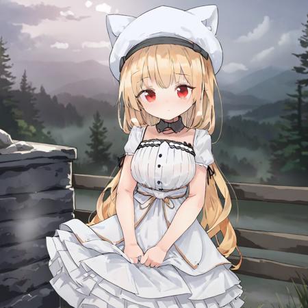 Noel Cornehl,1girl, blonde hair, white hat, white dress, red eyes, <lora:Noel_Cornehl_XL_v1_AutoRunMech:0.87> <lora:SimplePositive_XL_v1_AutoRunMech:2>