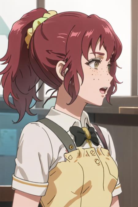 best quality, masterpiece, highres, solo, {lily_lipman_birdiewinggolfgirlsstory:1.15}, red_hair, scrunchie, freckles, side_ponytail, brown_eyes, open_mouth, hair_ornament, 1girl, ponytail, profile, short_hair, hair_scrunchie, school_uniform, closed_mouth, short_sleeves