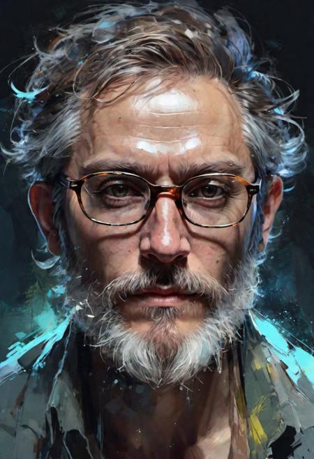 abstract handsome gray bearded with glasses, centered, looking at the camera, approaching perfection, dynamic, moonlight, highly detailed, digital painting, artstation, concept art, smooth, sharp focus, illustration, art by Carne Griffiths and Wadim Kashin