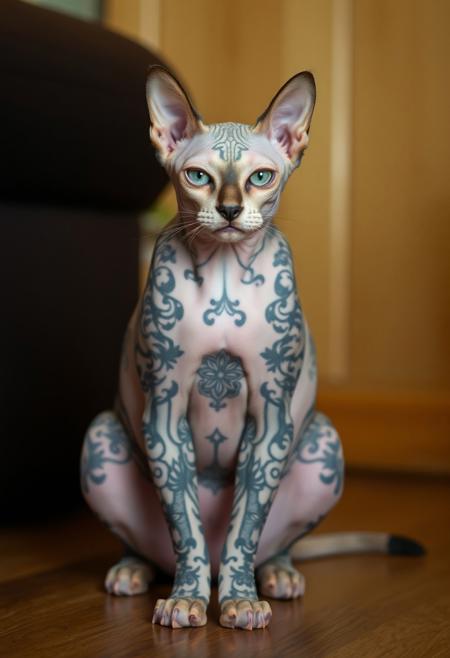 Bald cat, hairless cat, with tattoes, tattoes on body, complety bald, fat, covered with tattoes, thick body, funny look, thounge out, small legs, ugly and funny look
