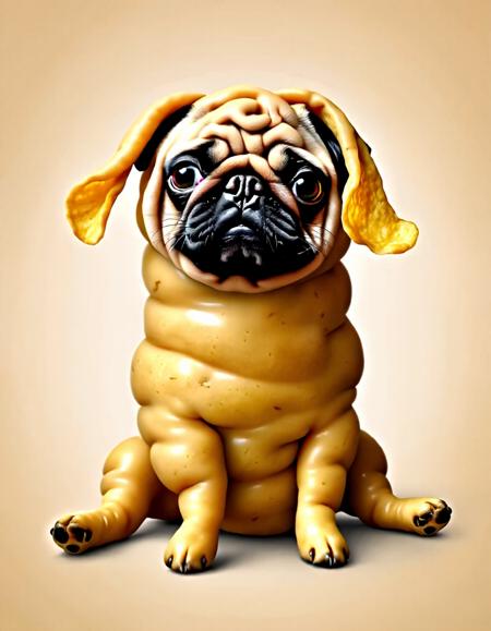 In a culinary twist, a pug dog is transformed into a potato, and the wrinkled skin of the dog looks like it is potato skin, the head looks like potato, and droopy ears look like potato chips. Imagine a potato pug. 