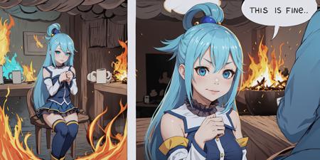 Highly detailed, High Quality, Masterpiece, beautiful, IncrsThisIsFineMeme, <lora:ThisIsFineMeme:1>, 1girl, solo, fire, mug, aqua \(konosuba\), blue eyes, blue hair, detached sleeves, hair ornament, hair rings, long hair, single hair ring, skirt, thighhighs, very long hair, kono subarashii sekai ni shukufuku wo!, <lora:Char_Konosuba_Aqua:0.65>