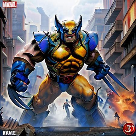 Wolverine fights a giant Sentinel in the streets of New York 2999,
score_9, score_8_up, score_7_up, score_7, score_6_up, 
wolverine costume, 3 claws, Marvel's Sentinel,
