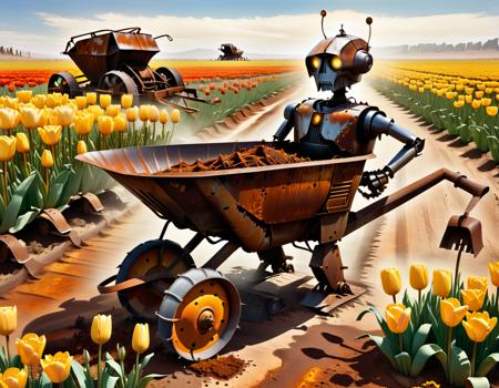 A rusty metal robot sitting in a rusty wheelbarrow, surrounded by yellow tulips in a field ,dvr-rst,  <lora:dvr-rst:1>