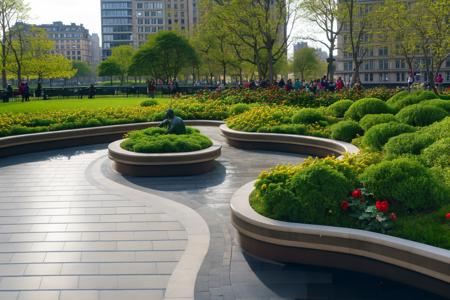 <lora:JJsLandscapeDesign:.8>, masterpiece, best quality,Landscape, scenery, outdoors, park, paving ,bench, building, tree, sky,  real world location, day, grass, bush, flower, city, fountain,