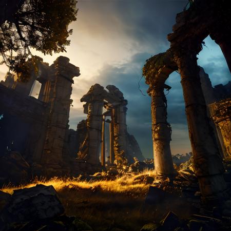 (masterpiece:1.2), (best quality,:1.2), 8k, HDR, ultra detailed, ((photorealistic)), professional light, cinematic lighting, fashion photography, ambient lighting,<lora:detail_slider_v4:3>, ruins of a sinister tower on a hill, magical lights, FanRu <lora:FantasyRuins-10:0.9>, ((perfect hands)), epiCPhoto