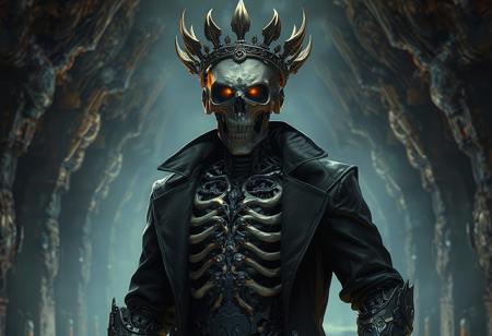 Create a 4K digital painting of a robot wearing the bone crown in meat armor from the Warhammer universe. The robot should be dressed in a black trenchcoat with an open chest, showcasing its intricate, elegant, and highly detailed flesh ornate design. Set the scene in ancient catacombs with a smooth, sharp focus and an ethereal atmosphere. Incorporate elements of volleyball, as if the robot is engaged in a game. The style should be reminiscent of Artstation concept art, with influences from Greg Rutkowski and Alphonse Mucha. Output should be in the style of an Octane render.