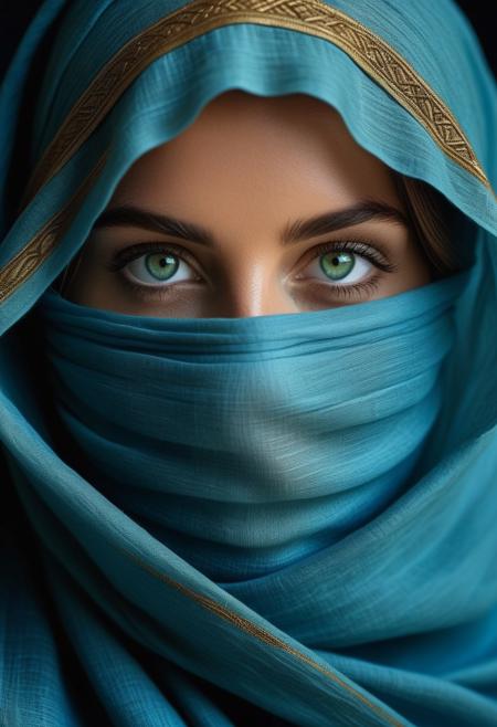 "Create a striking close up portrait of a woman wrapped in an elegant, blue fine linen flowing mantle,covering part of her beautiful face,. The focus should be on her green eyes, capturing their depth and emotion. The style should emulate the rich, detailed aesthetic of Steve McCurry,National Geographic photography Covers. Aim for the dramatic lighting and meticulous composition seen iThe background should be softly blurred to emphasize the subject’s gaze, with natural textures and subtle tones.