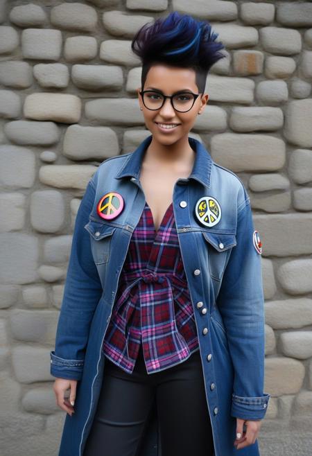 The image is a high-resolution photograph of a person with a striking, avant-garde hairstyle. The subject is a woman with a bold, asymmetrical haircut featuring a striking contrast between the two sides. The left side of her head is styled in a high, voluminous, dark brown and deep blue hair, styled in a dramatic, spiky manner. The right side of her head is shaved, with a subtle, silver-toned stripe running along the parting. The image is a photograph featuring a young woman standing outdoors in what appears to be an ancient, rustic setting with stone walls and a cobblestone floor. The woman is of African descent with a medium-dark skin tone and long, curly black hair. She wears glasses with black frames and a confident expression. She is dressed in a dark blue denim jacket adorned with various colorful patches, including a peace sign, a smiley face, and other small circular badges. This photograph features a person standing against a plain, light gray wall with a subtle, textured finish. The individual is dressed in an oversized, long coat that appears to be a blend of denim and a plaid material. The coat is predominantly dark blue with bold pink and white plaid patterns, creating a striking contrast. The coat is cinched at the waist, accentuating a slim figure, and has long sleeves with a loose, flowing design.