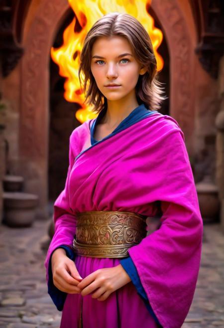 (photo:1.75) (D&D character) tan (19_year_old) (monk/fire sorceress:1.23) (shorter layered hair, light brunette:1.26) (5'8) (130lbs) (28B-23-31 figure:1.24) makeup (sliver/pink attire:1.23) athletic (medium breasts) (blue eyes:1.15) in monastery full body real life realistic HDR