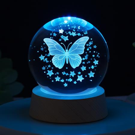 a crystal ball with a butterfly and starry sky inside of it, blue night light, cold ambient light<lora:CrystalBall_1.0:1>