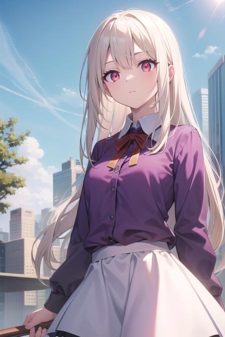 illyasvielvoneinzbern, <lora:illyasvielvoneinzbern-lora-nochekaiser:1>,
illyasviel von einzbern, blonde hair, hair between eyes, long hair, (red eyes:1.5),
BREAK ankle boots, boots, frilled skirt, frills, purple footwear, purple shirt, skirt, white skirt,
BREAK outdoors, city, sky, cloud, sun,
BREAK looking at viewer, (cowboy shot:1.5),
BREAK <lyco:GoodHands-beta2:1>, (masterpiece:1.2), best quality, high resolution, unity 8k wallpaper, (illustration:0.8), (beautiful detailed eyes:1.6), extremely detailed face, perfect lighting, extremely detailed CG, (perfect hands, perfect anatomy),