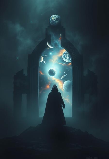 A universe inside a dark cloaked figure within mysterious landscape in an unfathomable realm of fantastic creation inhabited by ancient shadows of a forgotten time beyond the gate of the gateless gate where life is limitless, light is shadow and shadow is light