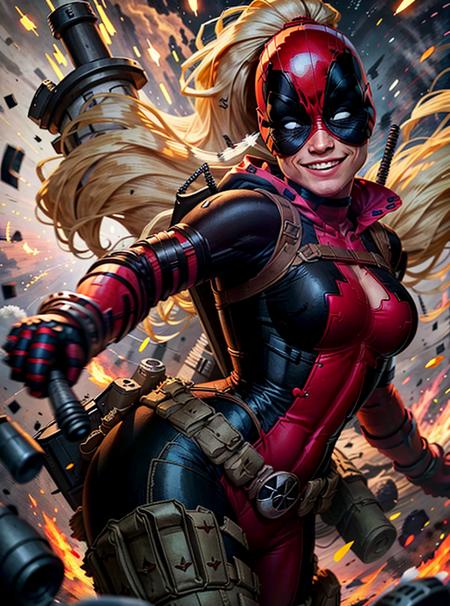 (LadyPool attacking:1), (superhero, bodysuit, red leotard, belt, gun, hood, mask:1), looking at viewer, smile, cute pose, leaning forward, very happy, 
(detailed landscape,building, explosion:1), (dynamic_angle:1), (dynamic_pose:1.2), 
(masterpiece:1.2), (best quality, highest quality), (ultra detailed), (8k, 4k, intricate), (cowboy shot:1.3), (highly detailed:1.2),(detailed face:1),(ambient light), (perfect_anatomy:1.2),
<lora:LadyPool_character:1>