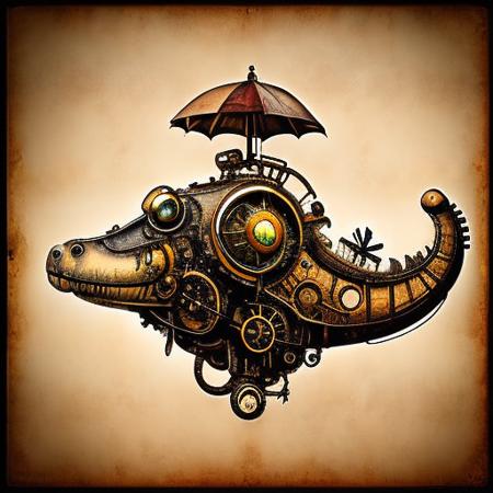 (steampunkai)++, aligator swimming, side view, water, steampunk