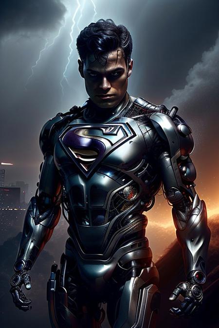 cinematic film still silverpulse, cyborg Superman, Kal-el, 'S' Logo on chest, red cape, simple background, high quality, artistic, vibrant colors, detailed textures. futuristic sleek/glossy silver and blue glow, vibrant colors, detailed textures., Concept art, cyborg, background, vintage, modern, SilverPulse, superman_oc, <lora:SilverPulseMorphXL:0.8>, excellent composition, artistic, highly detail, holy, sunny, dynamic dramatic beautiful full taking . shallow depth of field, vignette, highly detailed, high budget, bokeh, cinemascope, moody, epic, gorgeous, film grain, grainy, side view,