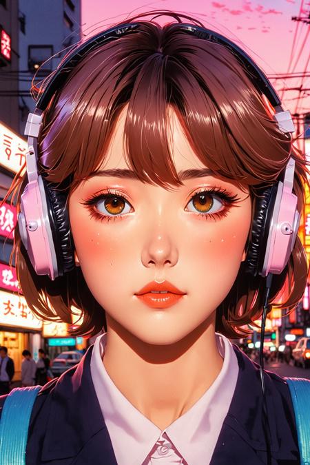 masterpiece, best quality, retro anime style, 1980s anime aesthetic, cel shading, soft vintage color palette, big expressive eyes, dramatic sunset lighting, Tokyo street with neon lights, school uniform (retro), windblown hair, walkman headphones, sakura petals, film grain, anime screencap, cinematic frame, by Haruhiko Mikimoto, by Akemi Takada