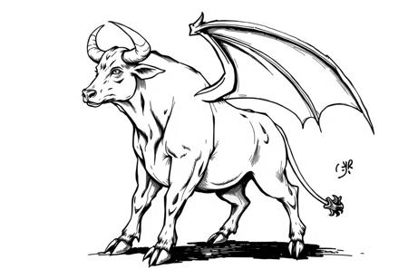 fantasy, ink art, comic style art, bull is standing with four feet, feet has 3 claws, bat wings, muscular , looking at left