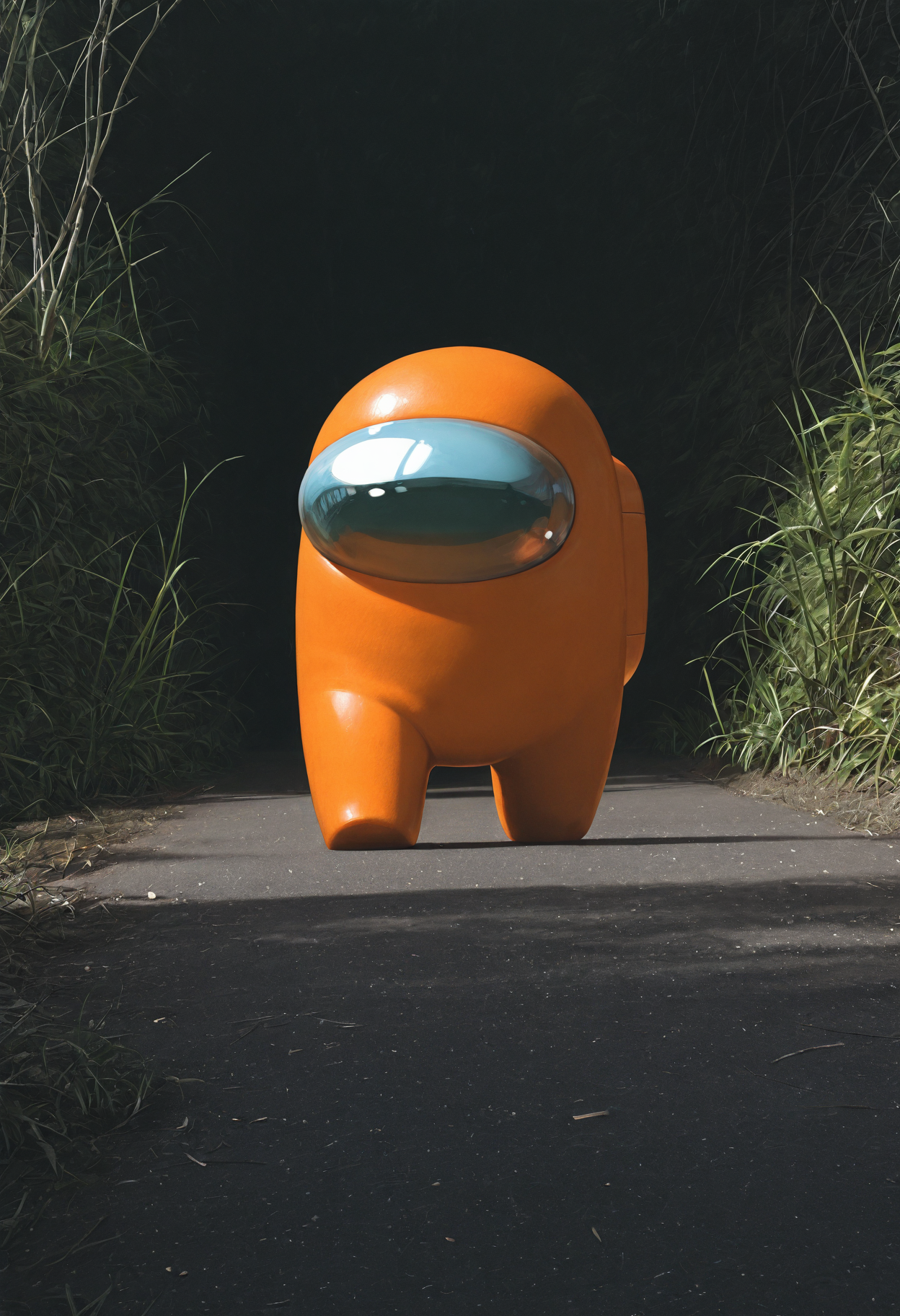 An orange crewmate from the popular game "Among Us" walks down a dark paved path. The bean-shaped figure features a reflective blue visor, backpack with the signature rounded design and stubby legs. The figure is outdoors against a backdrop of tall grasses and shadows, creating a striking contrast between the bright orange synthetic material and the natural environment. Sunlight catches on the glossy surface of the character, highlighting its curved form. 