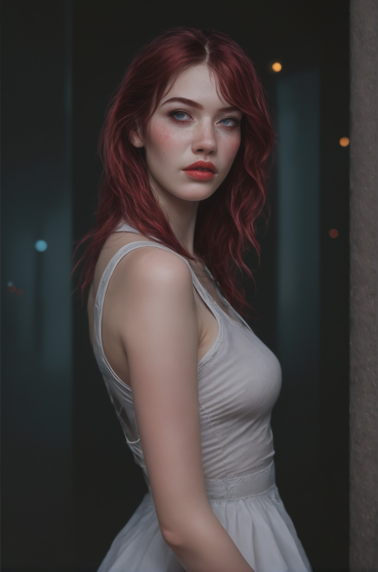 pale woman walking back from nightclub at night, long red hair, pale skin, city street background, wearing clubbing outfit...