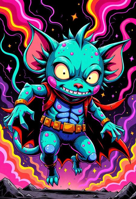 WackyGraphDaal, Wacky Graphic Lines, vibrant, mischievous transformation, wild, colorful graphic novel-style illustrations, chaos, creepiness. Floating neon creature, fishface, batman in a hurl, imaginations to bold lines, saturated colors, and a spark of the weird.