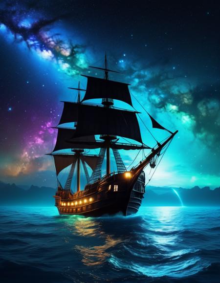 (Pirate ship sailing into a bioluminescence sea with a galaxy in the sky), epic, 4k, ultra,