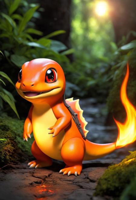 (masterpiece),
charmander in the nature,
dim light, cute, 
light heat effect,
tail on fire,
ultra realistic, HDR, intricate details,