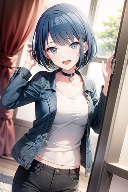 <lora:KiritaniHaruka-05:0.7> , kiriharu, 1girl, solo, looking at viewer, smile, short hair, open mouth, blue eyes, shirt, long sleeves, jewelry, blue hair, standing, collarbone, jacket, white shirt, :d, earrings, open clothes, choker, pants, indoors, hand up, open jacket, torn clothes, dutch angle, sparkle, black choker, black pants, denim, curtains, blue jacket, light particles, lens flare, pocket, hand in own hair, jeans, hoop earrings, glint, midriff peek, torn pants, denim jacket