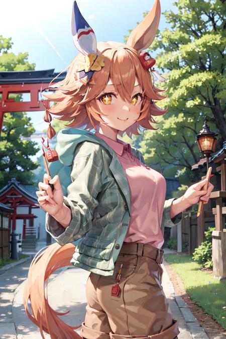 masterpiece, best quality, 
matikanefukukitaru \(umamusume\), 
torii, nature, smile, from side,
collared shirt, pink shirt, long sleeves, open clothes, green jacket, brown pants, brown shorts, 
<lora:matikanefukukitaru_lora_0.985:0.8>