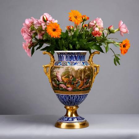 studio photo of an ancient vase with flowers in it