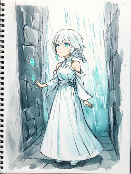 <lora:caogao:1>,sketch,late at night,dark,light rain,dark, 1girl, bare shoulders,cold theme, broken glass, broken wall, aqua theme, white hair, blinking, white dress, closed mouth, constel lation, flat color, braid, blinking, white robe, float, closed mouth, constel lation, flat color, looking up, standing, medium hair, standing, solo,