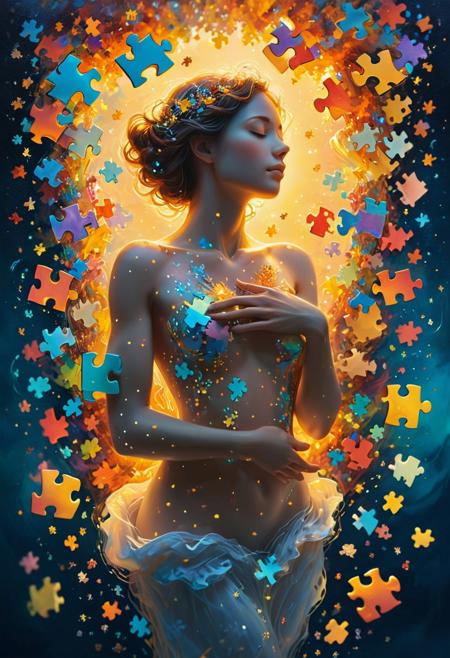 A peaceful and otherworldly scene portrays a figure amidst floating, glowing puzzle pieces representing different individuals and emotions. The figure's eyes, gently closed, subtly reflect faces within their pupils, symbolizing the connection to all. With arms outstretched, the figure embraces a soft, warm light, enveloping the floating pieces and signifying the embrace of all. From the figure's chest, a luminous heart pulsates, representing the love for all. The dreamy background of soft pastels and faint stars fosters a sense of unity, love, and connection among all the pieces.