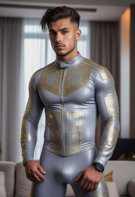 a strong 24-year-old italian hunk male, with a side fringe curtains undercut hairstyle, detailed face, mindless expression,  wearing a skin tight light-gray rubber suit with silver and gold electronics circuits patterns, wearing a light-gray rubber jockstrap, on a modern living room, standing at attention pose, full body visible, looking at viewer, portrait, photography, detailed skin, detailed rubber texture, realistic, photo-realistic, 8k, highly detailed, full length frame, High detail RAW color art, diffused soft lighting, shallow depth of field, sharp focus, hyperrealism, cinematic lighting