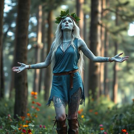 high quality digital artwork featuring a female figure in a forest setting. The subject has light blue skin and is wearing a ragged, sleeveless, short blue tunic which reveals the many elaborate mystical tattoos on her body, on her feet she wears short animal skin boots . Her facial features are sharp and ethereal, with long, white flowing hair. She has a crown of leaves.  she is standing with her arms outstretched looking to the sky. The background consists of tall trees and coloured flora. long shot, deep focus, high quality