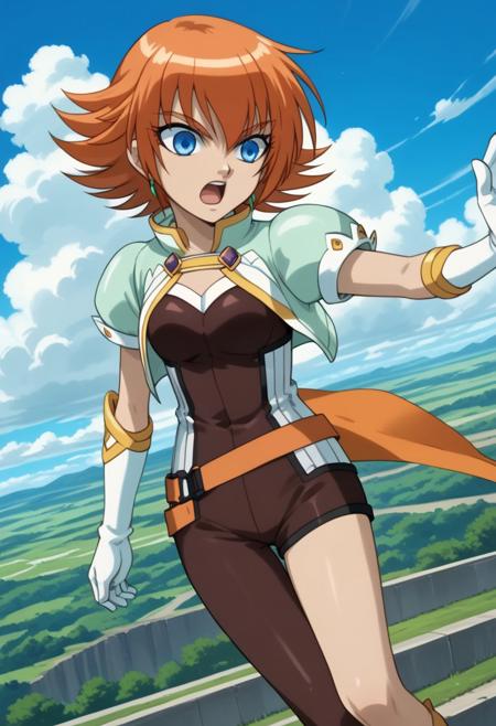 bakugan, bakugan new vestroia, mira clay, 1girl, solo, blue eyes, gloves, orange hair, cloud, short hair,single stocking,