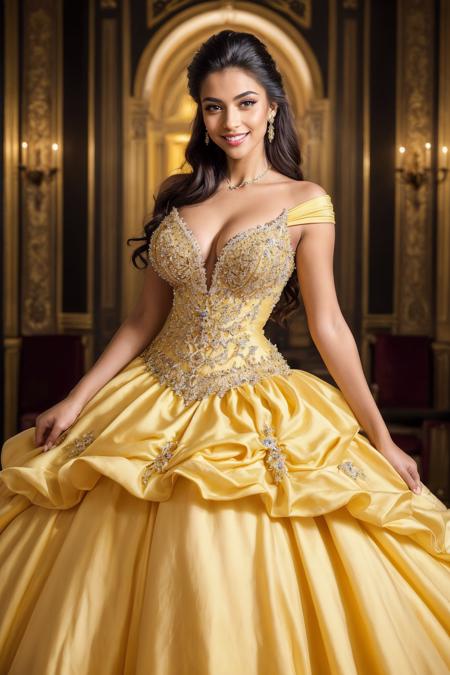 ((Masterpiece, best quality,edgQuality,photorealistic, hyper realistic)),standing,posing for a picture smiling,
edgDreamy, ballgown, a woman in a yellow dress posing for a picture , wearing edgDreamy_dress,plunging neckline,breasts apart
 <lora:edgDreamyGowns:1>