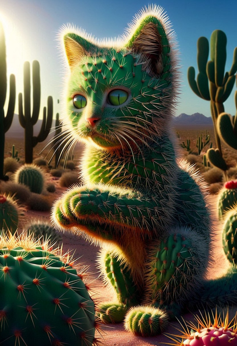 A tiny kitten covered in soft, green cactus spikes, playfully pawing at a desert flower. Its fur blends into prickly pear textures, making it a perfect mix of cute and thorny. Sunlight filters through a surreal desert garden, glowing golden. Whimsical, fantasy realism, ultra-detailed, soft lighting.