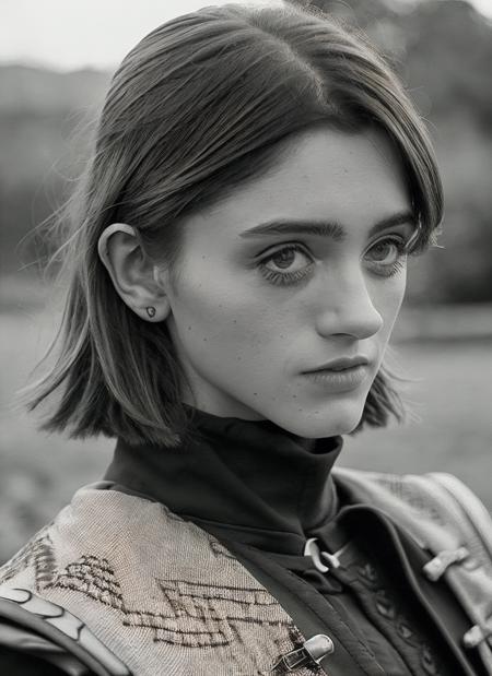 b&w portrait of skswoman, puzzled , wearing outerwear , with Lob (long bob) , background medieval village outdoors, a group of warriors set out to defeat an immortal warlord who seeks to conquer the world and enslave mankind, landscape with Texture, epic (photo, studio lighting, hard light, sony a7, 50 mm, matte skin, pores, colors, hyperdetailed, hyperrealistic), <lyco:Natalia Dyer:1.2>