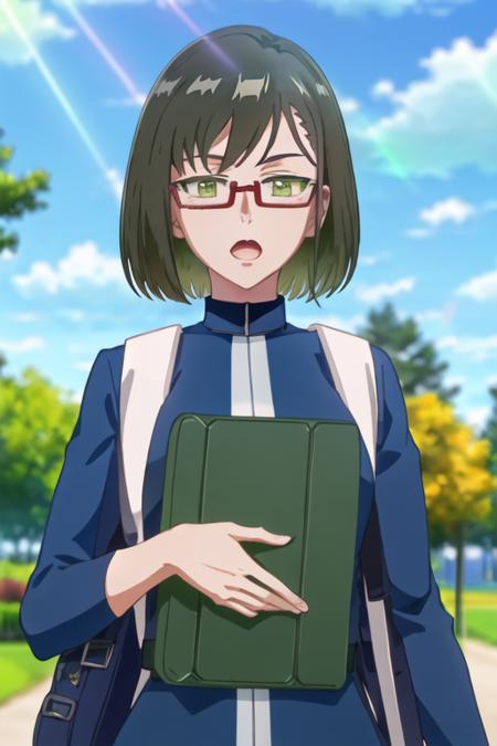 best quality, masterpiece, highres, solo, {shinjo_amane_birdiewinggolfgirlsstory:1.15}, glasses, short_hair, semi-rimless_eyewear, green_hair, green_eyes, under-rim_eyewear, red-framed_eyewear, 1girl, blurry, blurry_background, brown_hair, closed_eyes, day, jacket, open_mouth, outdoors, sunlight, upper_body, bag, tree, blue_jacket, sky, bangs, light_rays