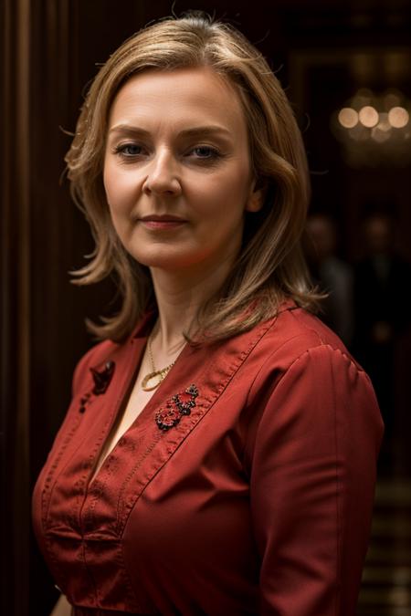 <lora:Liz_Truss:1> masterpiece, best quality, detailed face, 1woman, solo, a mature l1873t, realistic, red dress