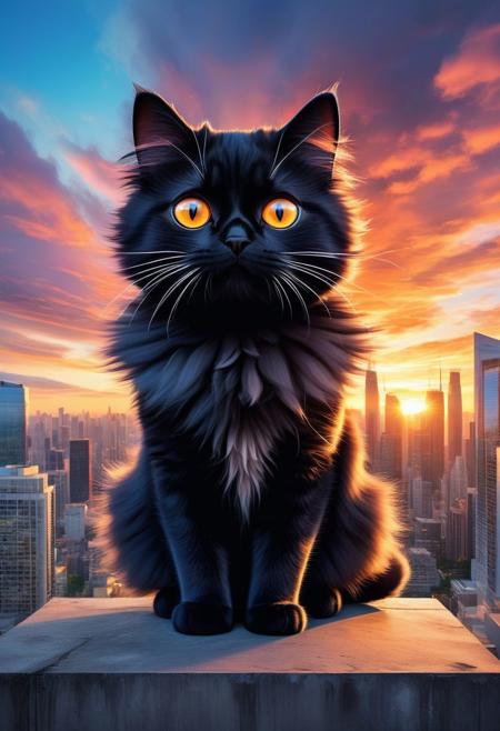 A captivating illustration masterpiece of a very funny ((cute cat)) with ( (((huge))) ((oversized)) ((manga-style eyes)):1.2), feline is gazing very longingly into the camera lens. The cat's fluffy fur contrasts with its sleek black attire, and it sits on a transparent cloud, as if levitating above the ground. The background showcases a vibrant cityscape with towering skyscrapers and a dramatic sunset, creating a delightful mix of urban and whimsical elements, from above