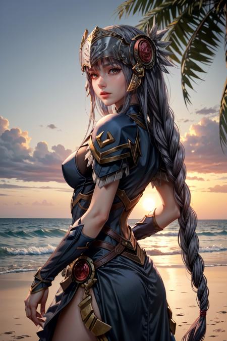 (masterpiece, best quality) <lora:epi_noiseoffset2:1>  <lora:add_detail:0.7>  <lora:ValkyrieProfileLenneth:0.8>
ValkyrieProfileLenneth, 1girl, solo, long hair, long single braid, at the beach, sexy minidress, palm trees, sundown highly detailed, art by Artgerm, WLOP, Ross