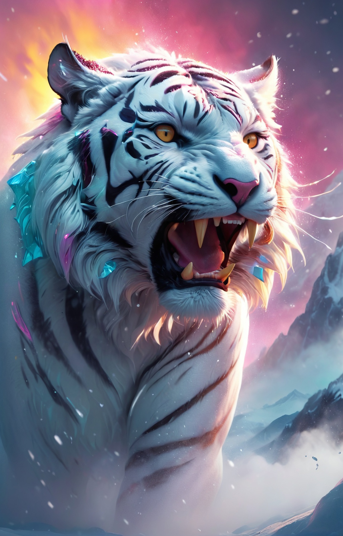 A vicious looking tiger with yellow eyes, white and black fur, and sharp teeth.
