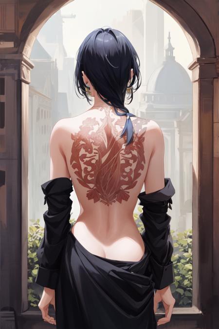 masterpiece, best quality, absurdres, perfect antomy, 1girl, solo, back tattoo, from behind, standing