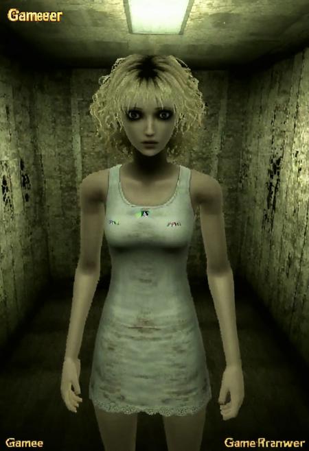 tan skinned, blonde curly hair, grunge style horror-theme, 3d model, horror protagonist, female, ps2, playstation japan 3d, low quality, silent hill 2, fatal frame, fatal frame 2, playstation 2, octane render, detailed, volumetric, dramatic lighting. Eerie, unsettling, dark, spooky, suspenseful, grim, detailed. Textured, distressed, edgy, punk rock vibe, dirty, noisy, Dark, mysterious, haunting, dramatic, ornate, ps1 game, playstation 1 graphics, apocalyptic